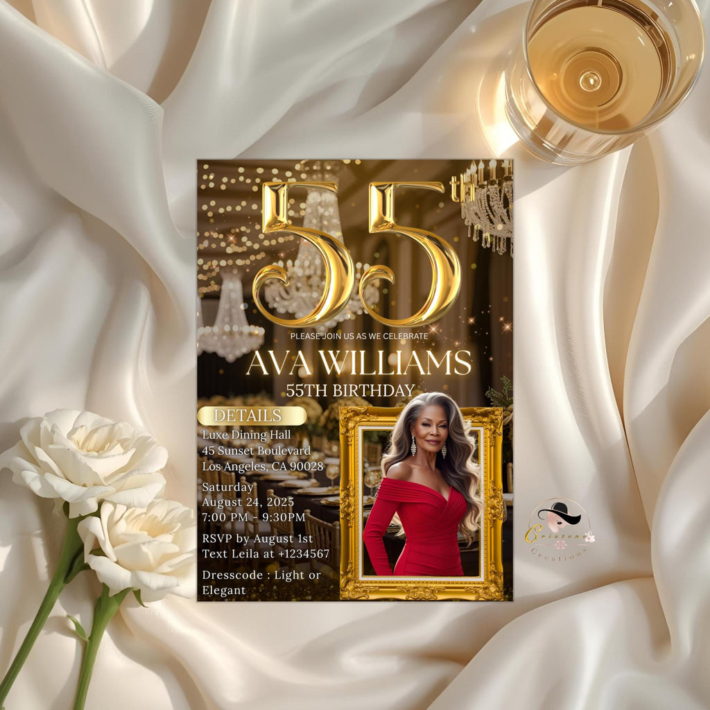 Editable 55th Birthday Invitation, Black Gold 55th Birthday Dinner Invite with photo, Woman Elegant Birthday Brunch Party Digital Template