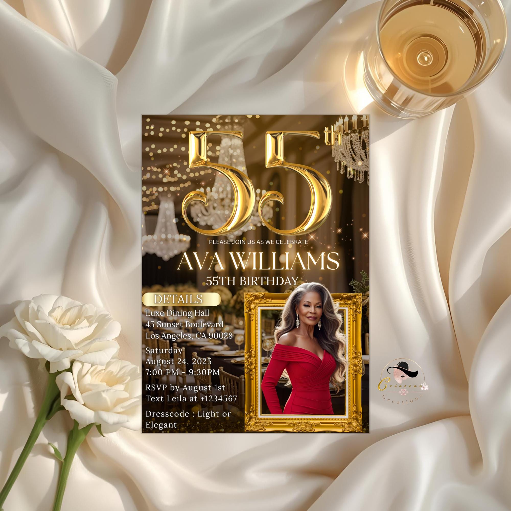 Editable 55th Birthday Invitation, Black Gold 55th Birthday Dinner Invite with photo, Woman Elegant Birthday Brunch Party Digital Template