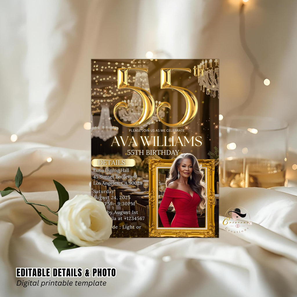 Editable 55th Birthday Invitation, Black Gold 55th Birthday Dinner Invite with photo, Woman Elegant Birthday Brunch Party Digital Template