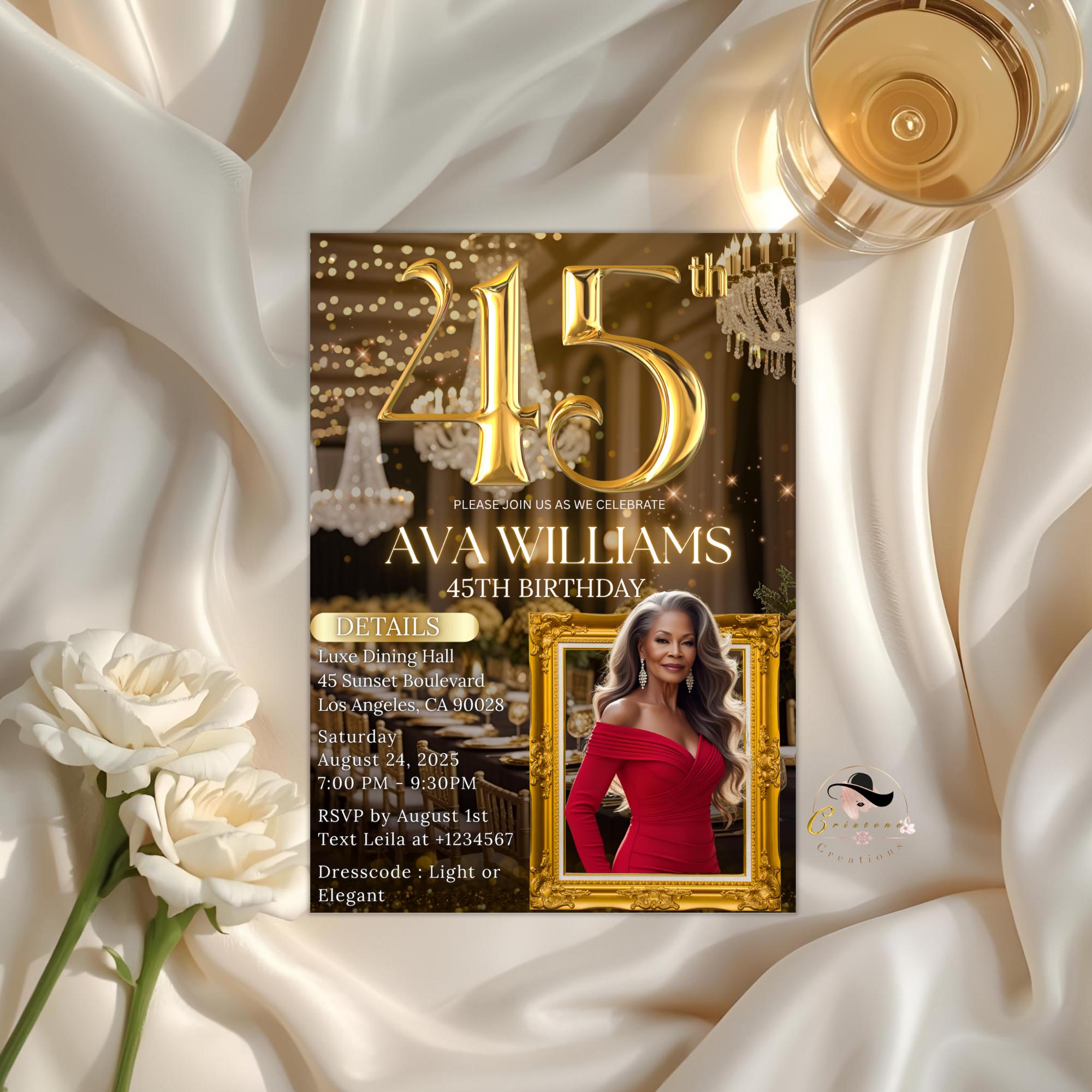 Digital 45th Birthday Invitation Black Gold 45th Birthday Dinner Invite with photo Woman Elegant Birthday Brunch Party Printable Template