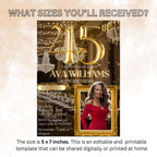 Digital 45th Birthday Invitation Black Gold 45th Birthday Dinner Invite with photo Woman Elegant Birthday Brunch Party Printable Template