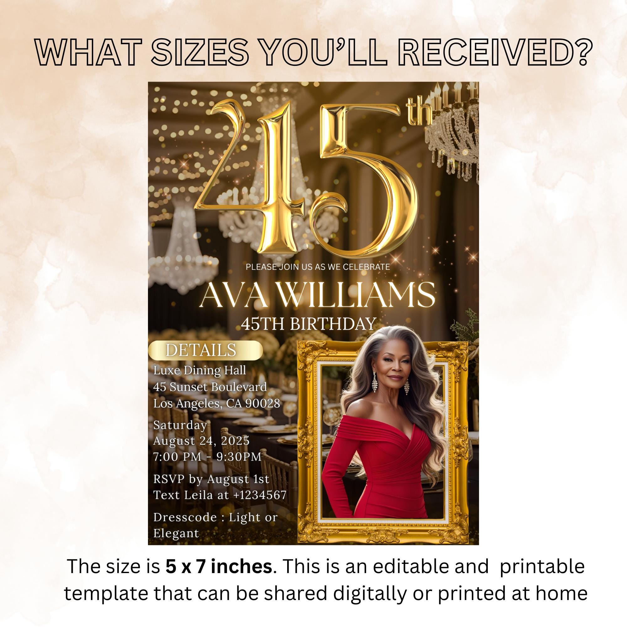 Digital 45th Birthday Invitation Black Gold 45th Birthday Dinner Invite with photo Woman Elegant Birthday Brunch Party Printable Template