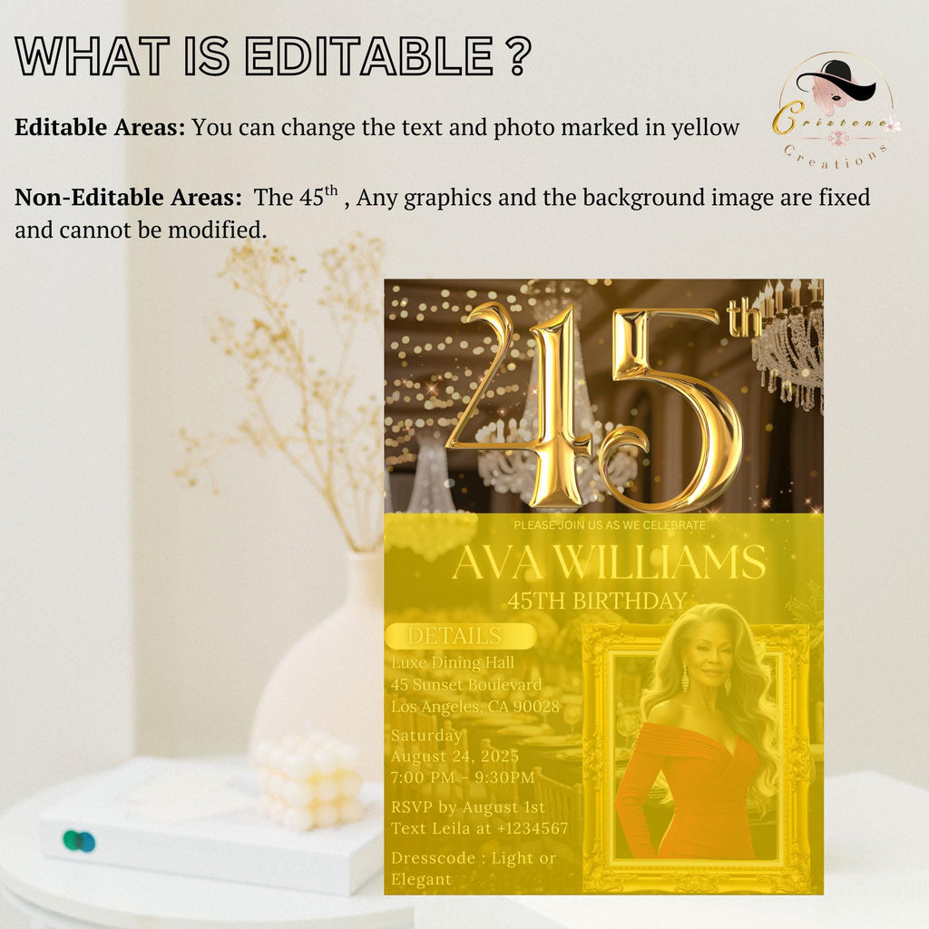 Digital 45th Birthday Invitation Black Gold 45th Birthday Dinner Invite with photo Woman Elegant Birthday Brunch Party Printable Template