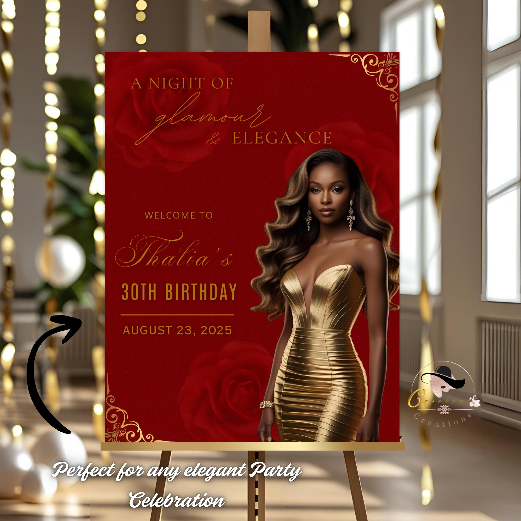 Editable Birthday Welcome Sign Red Rose Floral Party Sign with photo Elegant Birthday Dinner Sign Woman Brunch Board Sign Printable Template