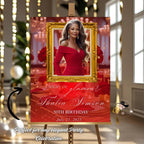 Editable Birthday Party Welcome Sign with photo Red Gold Birthday Dinner Sign Printable Elegant Party Sign Retirement Brunch Sign Template