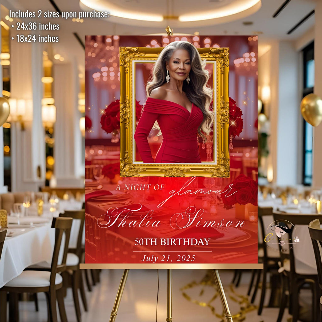 Editable Birthday Party Welcome Sign with photo Red Gold Birthday Dinner Sign Printable Elegant Party Sign Retirement Brunch Sign Template