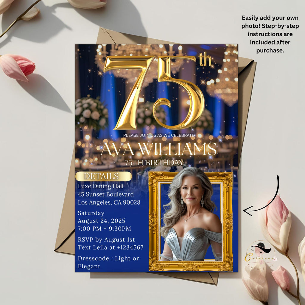 Digital 75th Birthday Invitation Blue Gold 75th Birthday Dinner invite with photo Woman Glam Luxury Birthday Brunch Party Printable Template