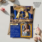 Digital 75th Birthday Invitation Blue Gold 75th Birthday Dinner invite with photo Woman Glam Luxury Birthday Brunch Party Printable Template