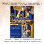 Digital 75th Birthday Invitation Blue Gold 75th Birthday Dinner invite with photo Woman Glam Luxury Birthday Brunch Party Printable Template