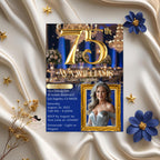 Digital 75th Birthday Invitation Blue Gold 75th Birthday Dinner invite with photo Woman Glam Luxury Birthday Brunch Party Printable Template