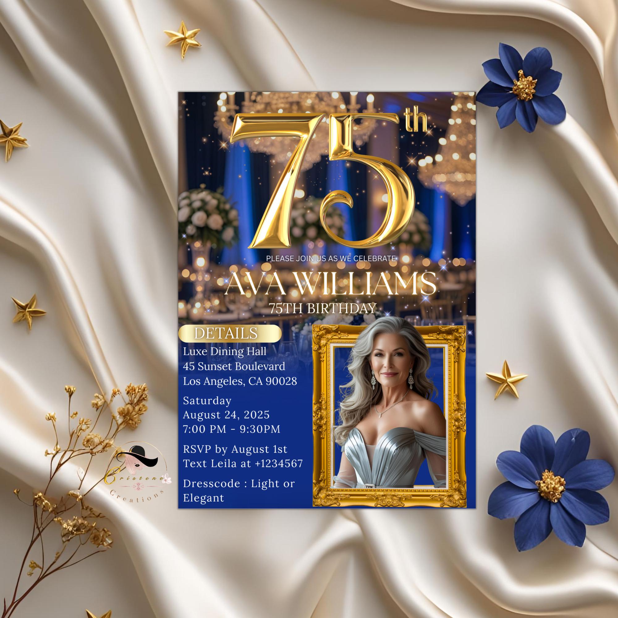 Digital 75th Birthday Invitation Blue Gold 75th Birthday Dinner invite with photo Woman Glam Luxury Birthday Brunch Party Printable Template