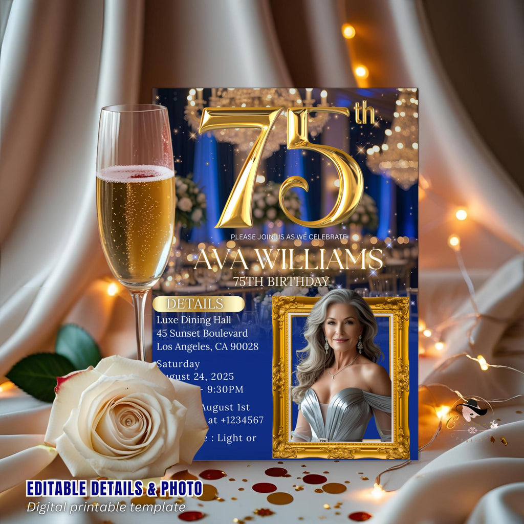 Digital 75th Birthday Invitation Blue Gold 75th Birthday Dinner invite with photo Woman Glam Luxury Birthday Brunch Party Printable Template