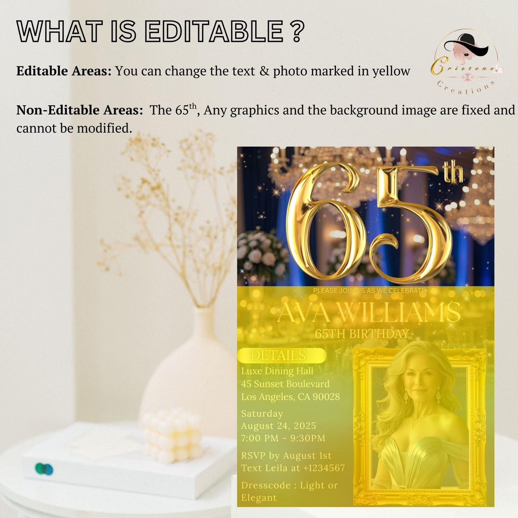 65th Birthday Invitation, Blue Gold Dinner Party (Digital Template)