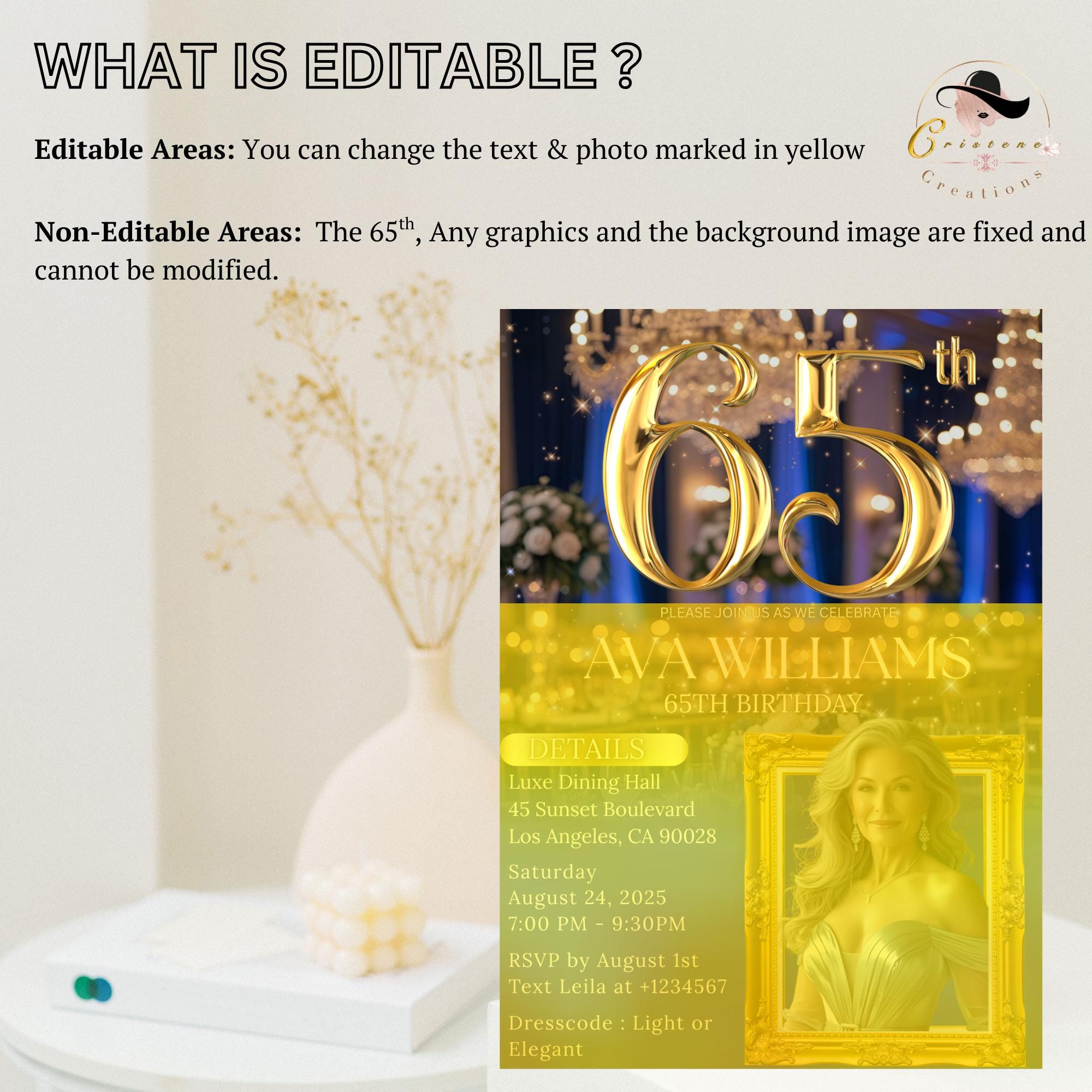 65th Birthday Invitation, Blue Gold Dinner Party (Digital Template)