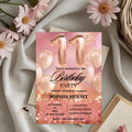 Digital 11th Birthday Invitation girl, Rose Gold 11th Birthday Dinner Party Invite, Pink Glitter Printable Card for Eleven year old daughter
