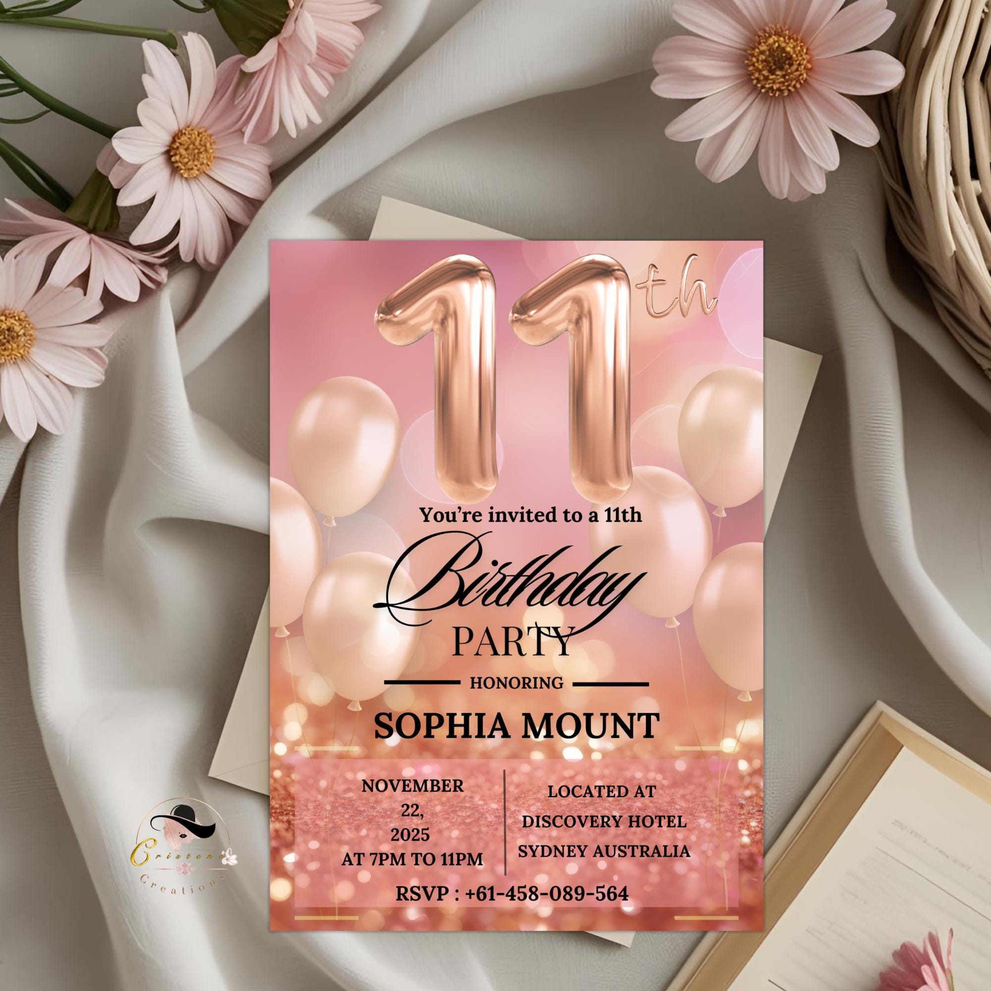 Digital 11th Birthday Invitation girl, Rose Gold 11th Birthday Dinner Party Invite, Pink Glitter Printable Card for Eleven year old daughter