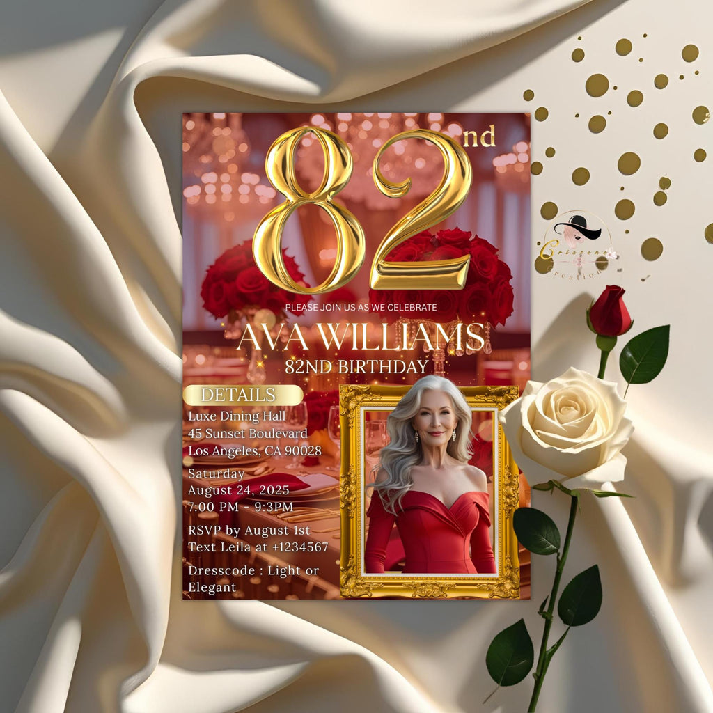 Digital 82nd Birthday Invitation Red Gold 82nd Birthday Dinner Invite with photo Woman Glam Luxury 82nd Brunch Rose Party Printable Template