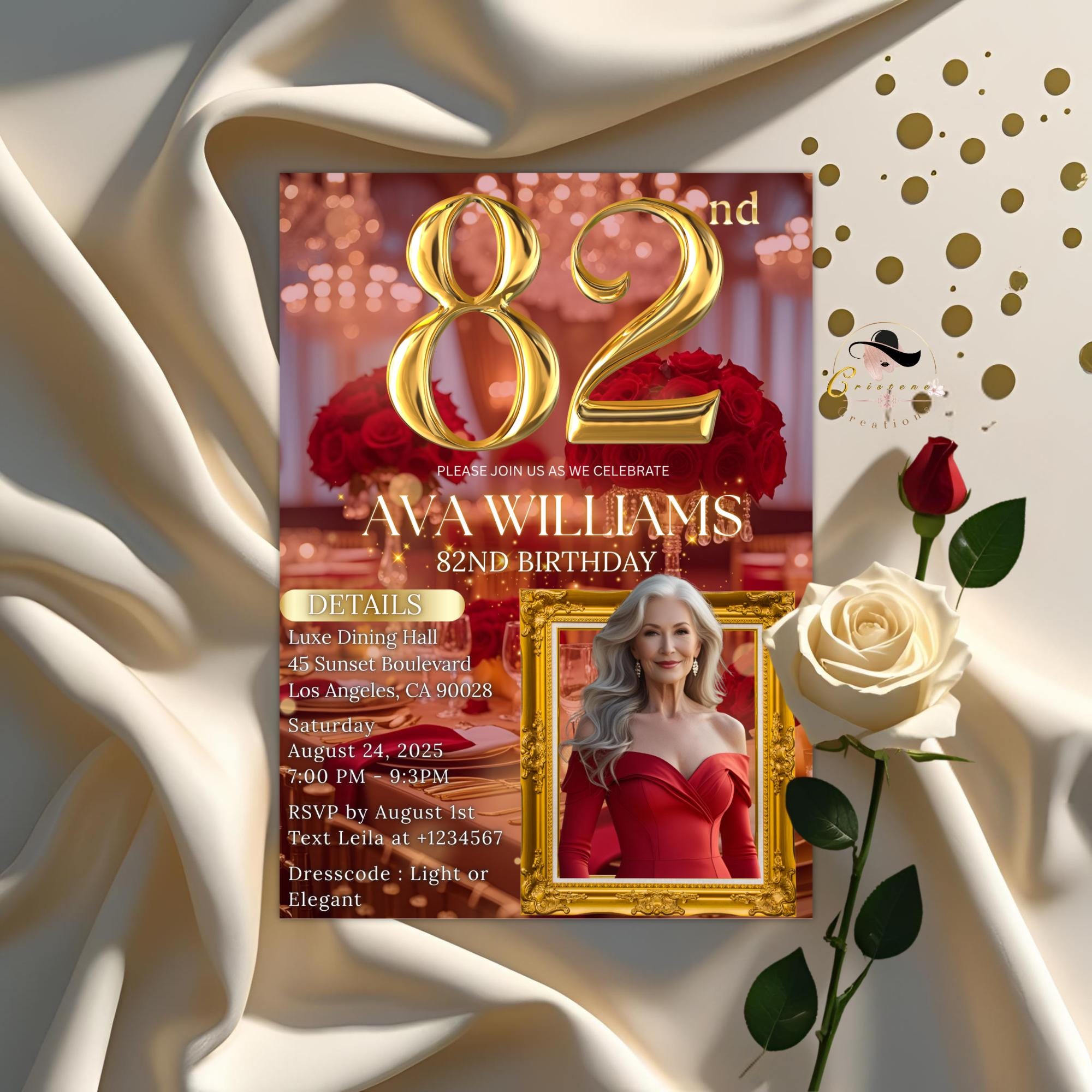 Digital 82nd Birthday Invitation Red Gold 82nd Birthday Dinner Invite with photo Woman Glam Luxury 82nd Brunch Rose Party Printable Template