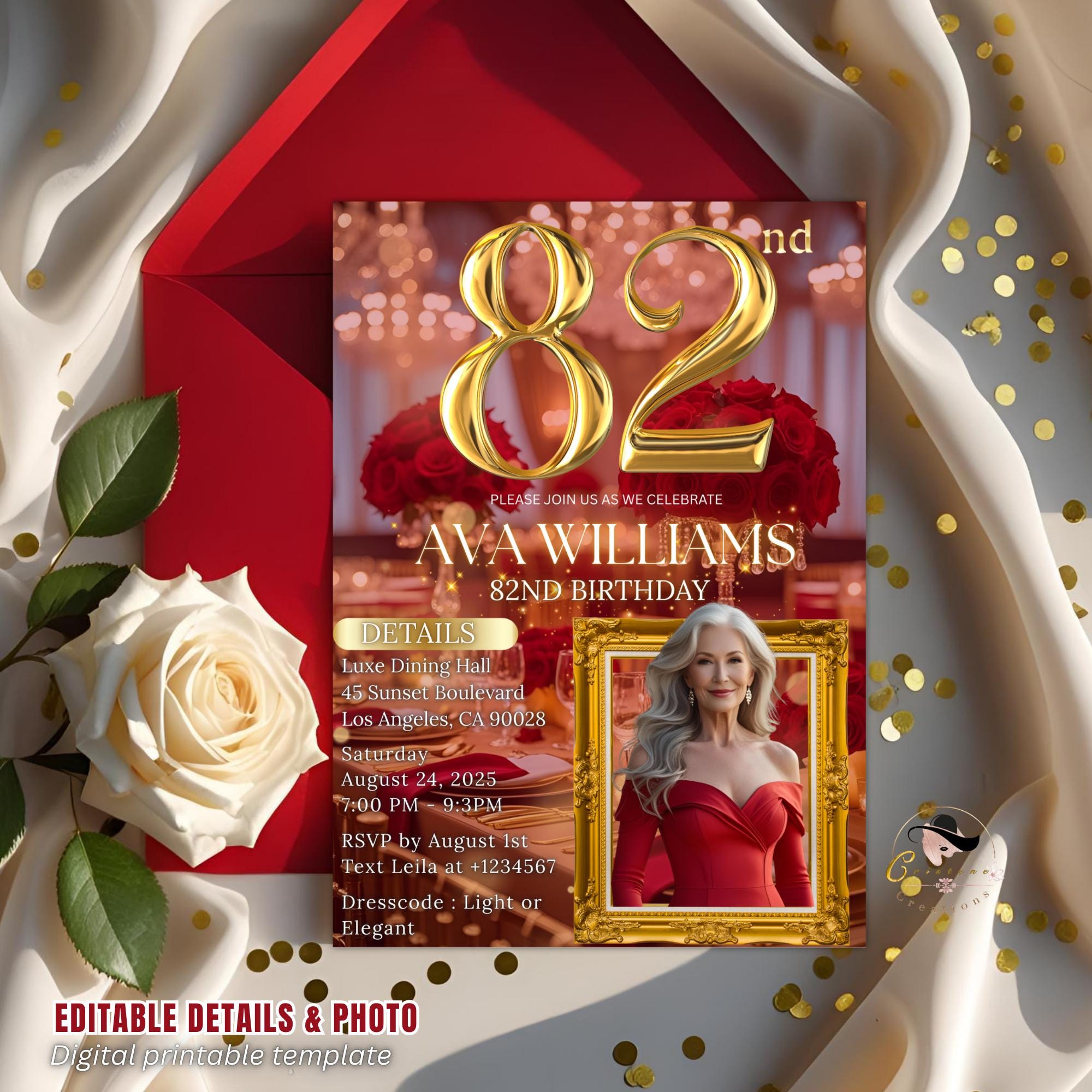 Digital 82nd Birthday Invitation Red Gold 82nd Birthday Dinner Invite with photo Woman Glam Luxury 82nd Brunch Rose Party Printable Template