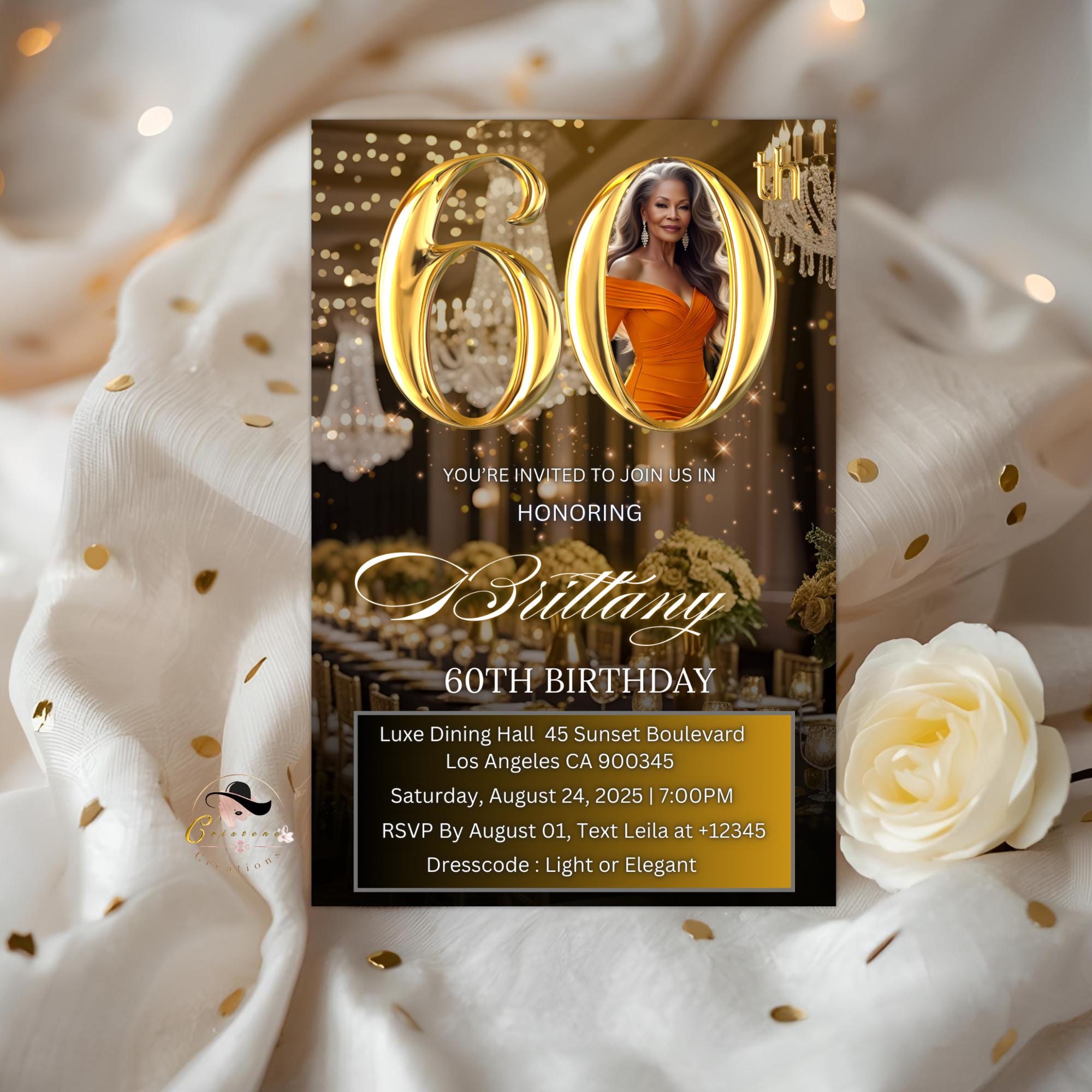 Digital 60th Birthday Invitation Woman Black Gold 60th Birthday Dinner with photo invite Glam Sixtieth Birthday Brunch Party Floral Template