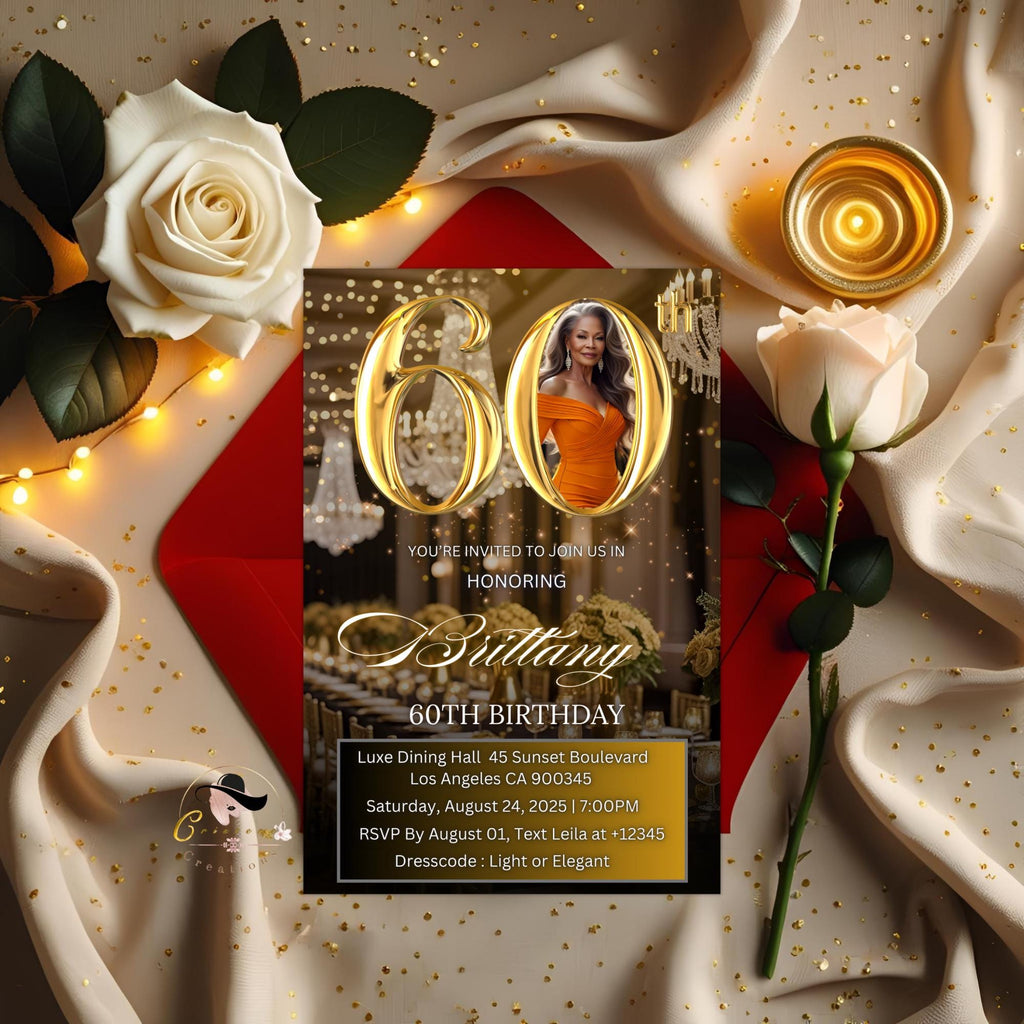 Digital 60th Birthday Invitation Woman Black Gold 60th Birthday Dinner with photo invite Glam Sixtieth Birthday Brunch Party Floral Template