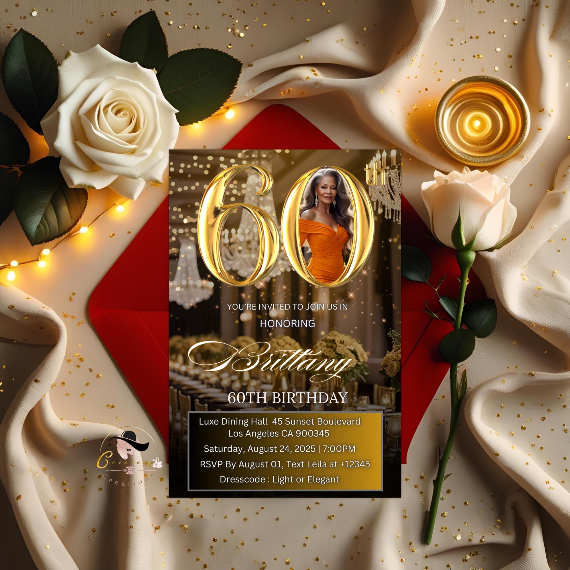 Digital 60th Birthday Invitation Woman Black Gold 60th Birthday Dinner with photo invite Glam Sixtieth Birthday Brunch Party Floral Template