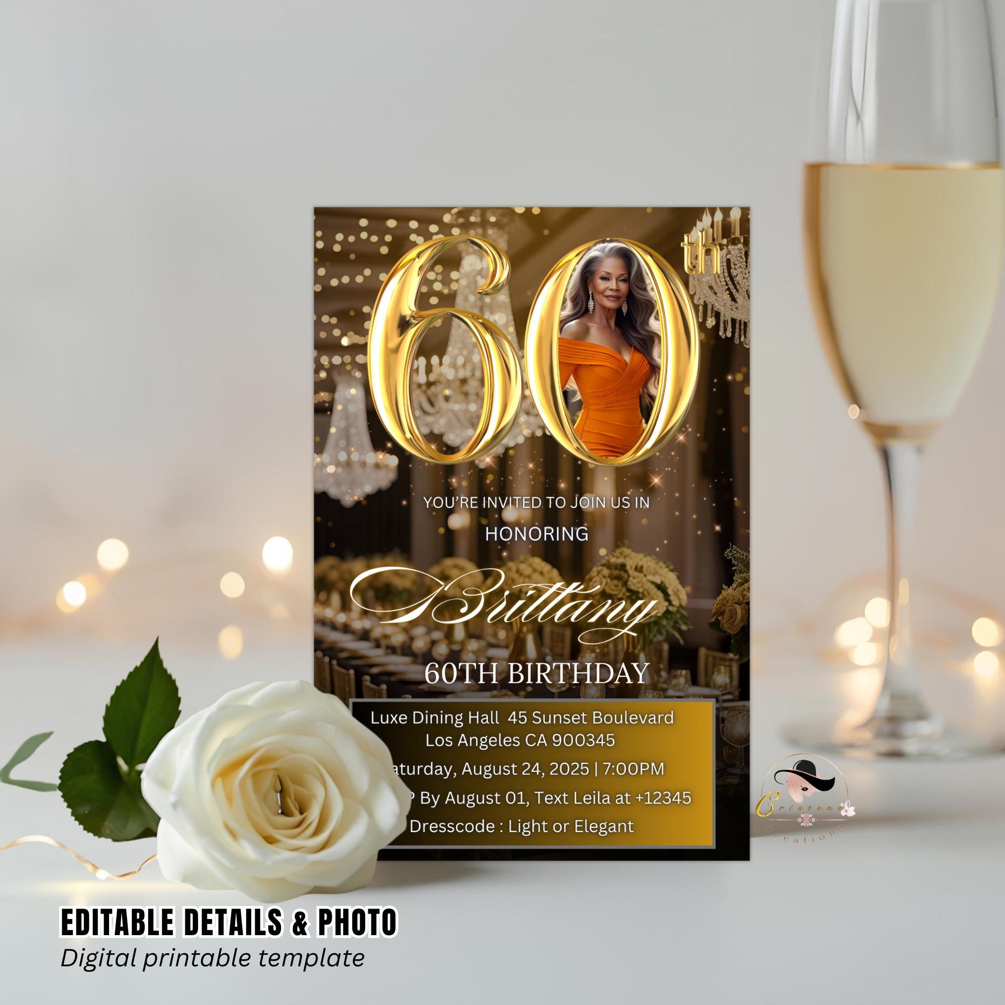 Digital 60th Birthday Invitation Woman Black Gold 60th Birthday Dinner with photo invite Glam Sixtieth Birthday Brunch Party Floral Template