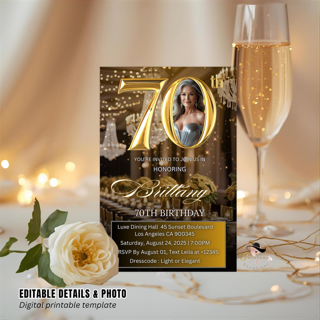 Digital 70th Birthday Invitation with photo Black Gold 70th Birthday Dinner invite Woman Seventieth Birthday Brunch Party Floral Template