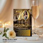 Digital 70th Birthday Invitation with photo Black Gold 70th Birthday Dinner invite Woman Seventieth Birthday Brunch Party Floral Template