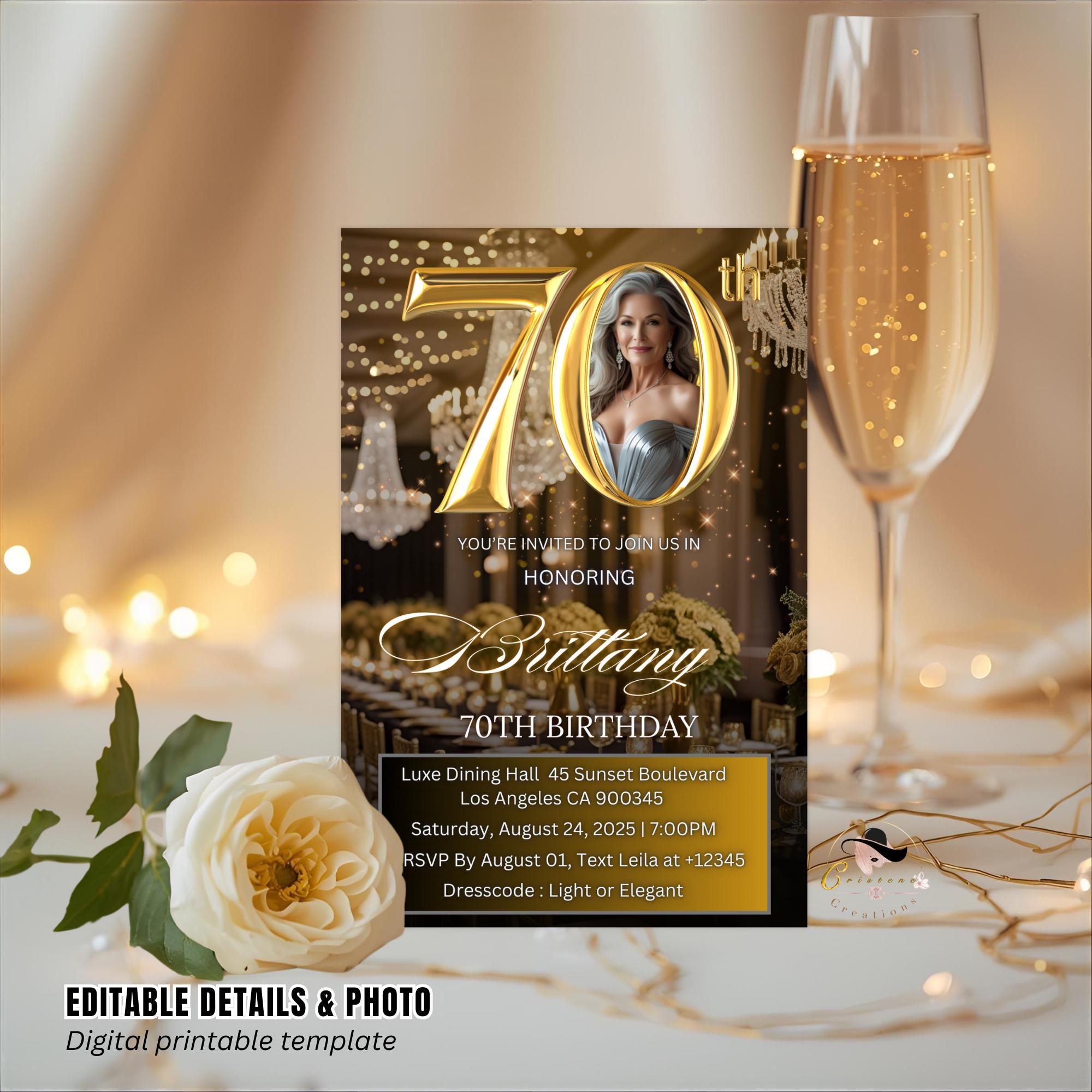 Digital 70th Birthday Invitation with photo Black Gold 70th Birthday Dinner invite Woman Seventieth Birthday Brunch Party Floral Template