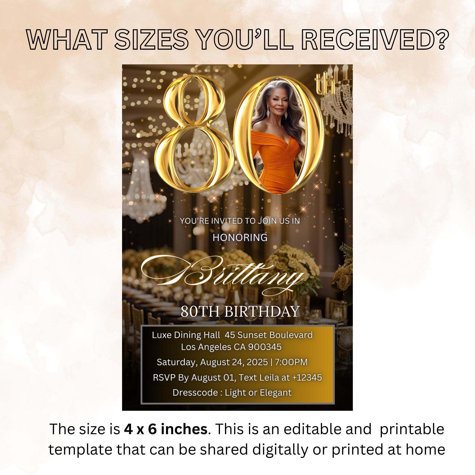 Digital 80th Birthday Invitation Black Gold 80th Birthday Dinner invite with photo Woman Eightieth Birthday Brunch Party Floral Template