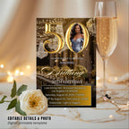 Digital 50th Birthday Invitation Black Golden 50th Birthday Dinner invite with photo Elegant Birthday party woman card Printable Template