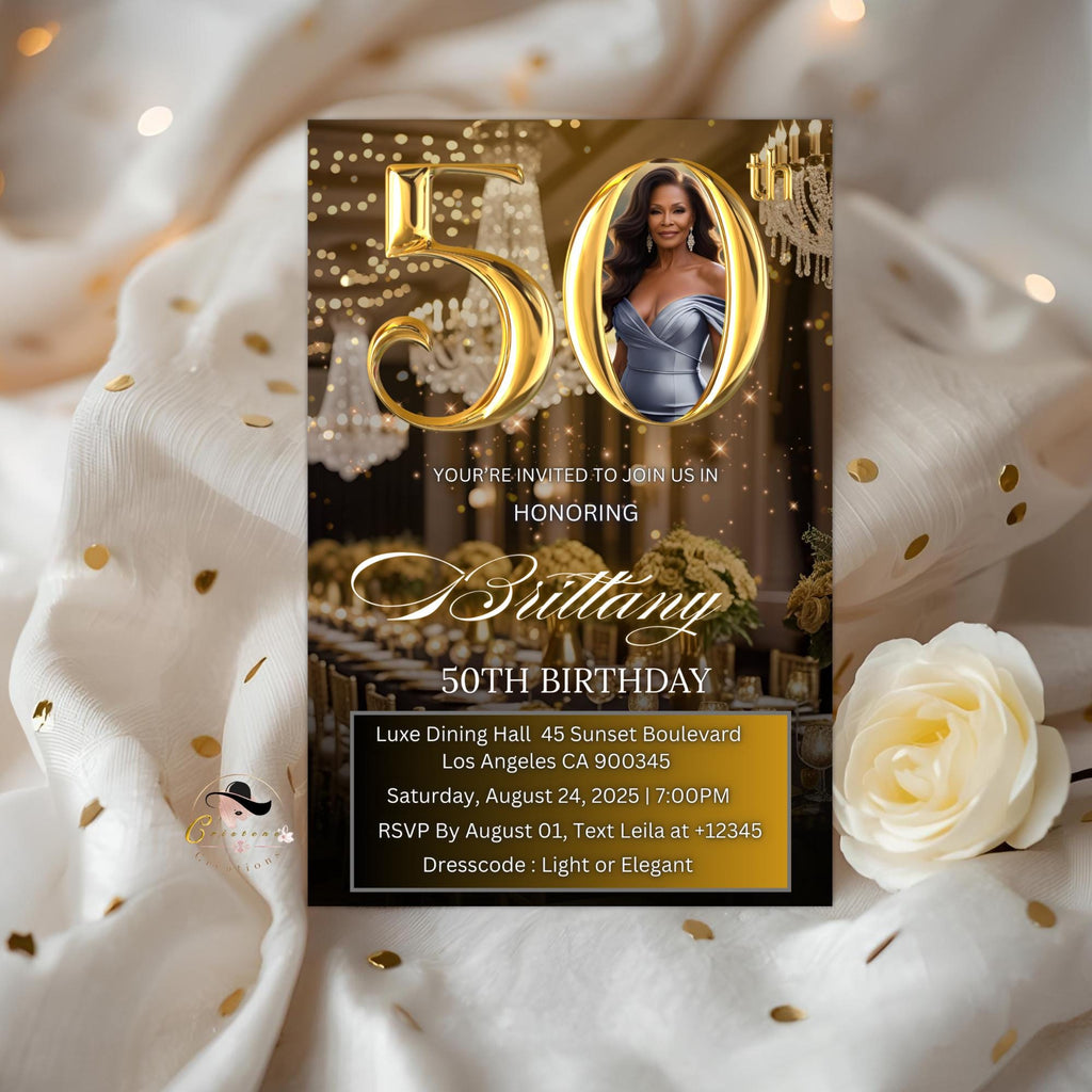 Digital 50th Birthday Invitation Black Golden 50th Birthday Dinner invite with photo Elegant Birthday party woman card Printable Template