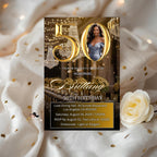Digital 50th Birthday Invitation Black Golden 50th Birthday Dinner invite with photo Elegant Birthday party woman card Printable Template