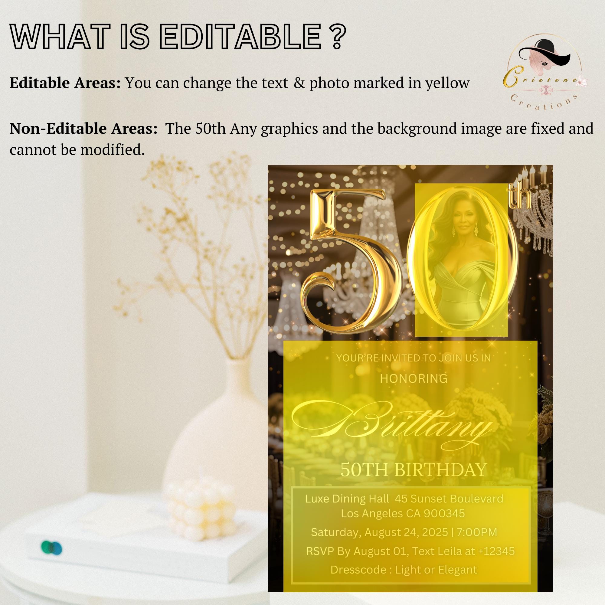 Digital 50th Birthday Invitation Black Golden 50th Birthday Dinner invite with photo Elegant Birthday party woman card Printable Template