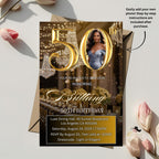 Digital 50th Birthday Invitation Black Golden 50th Birthday Dinner invite with photo Elegant Birthday party woman card Printable Template