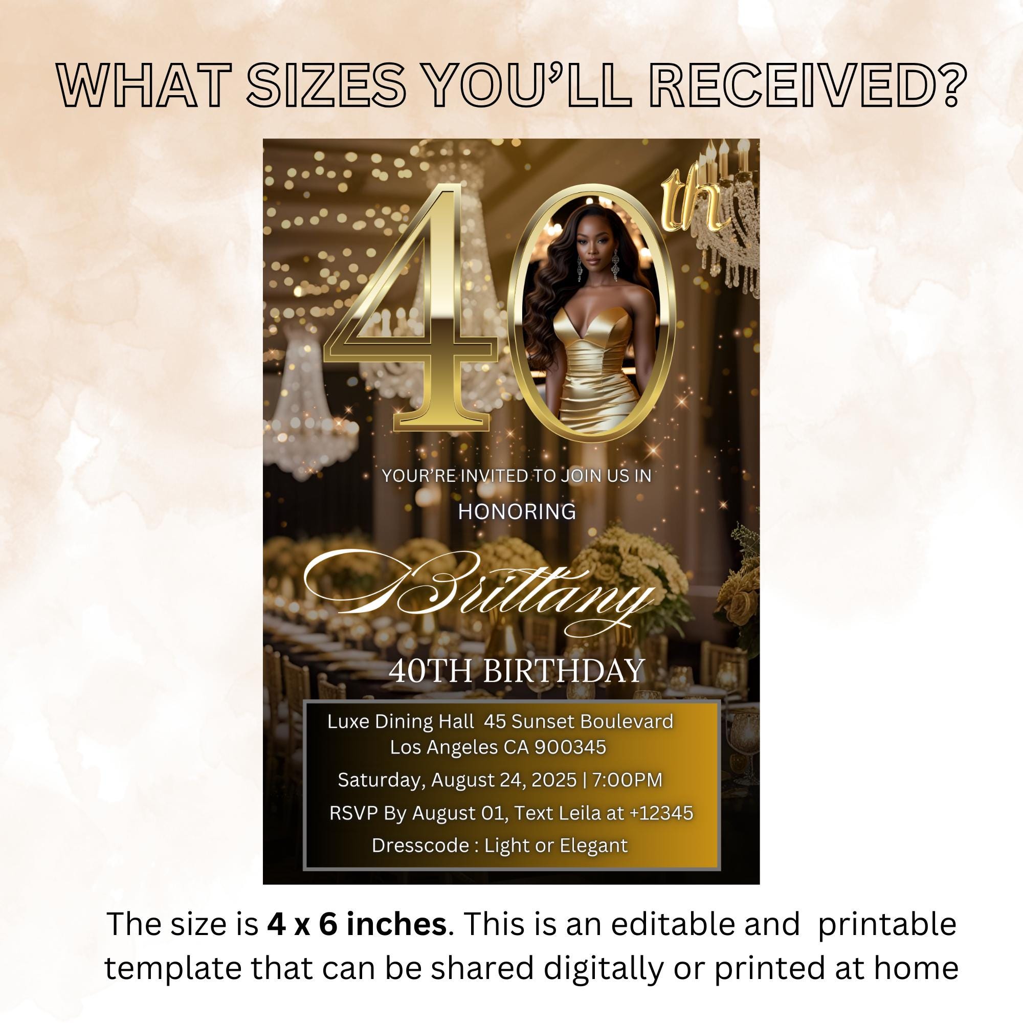 Digital 40th Birthday Invitation Black Gold 40th Birthday Dinner Invite with photo Woman Elegant Forty Birthday Brunch Floral Party Template