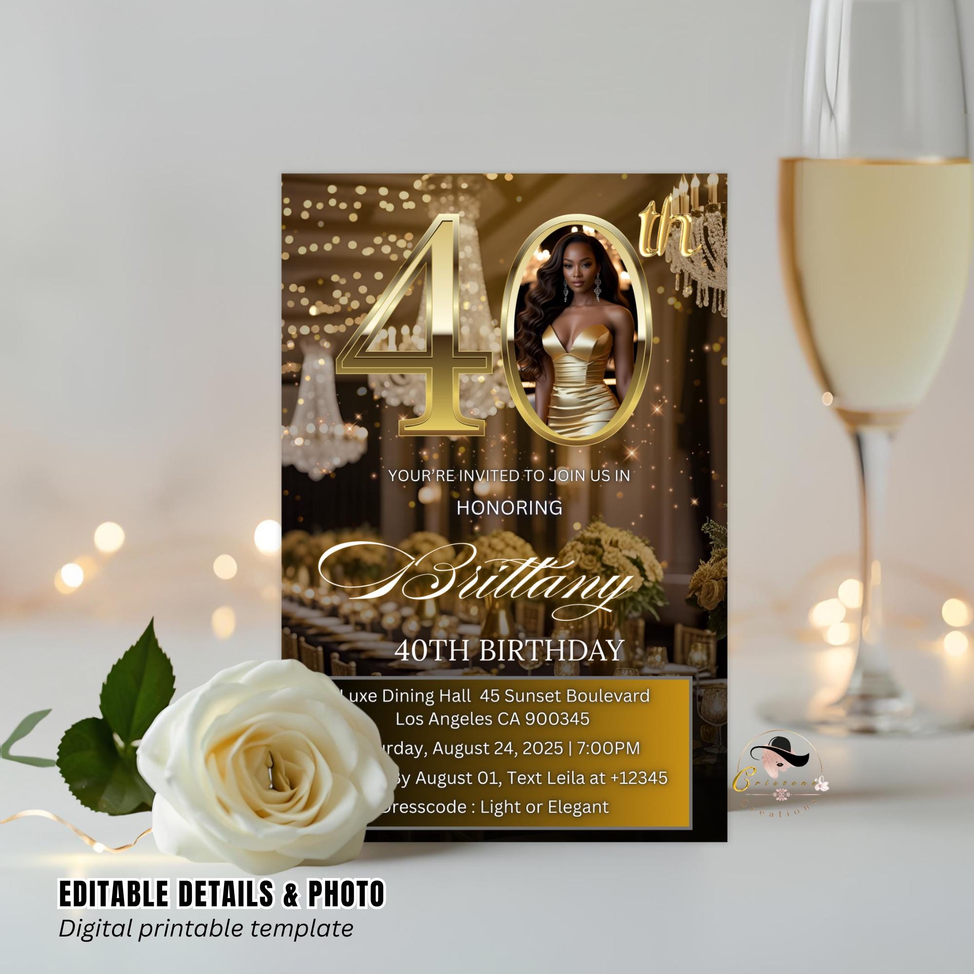 Digital 40th Birthday Invitation Black Gold 40th Birthday Dinner Invite with photo Woman Elegant Forty Birthday Brunch Floral Party Template