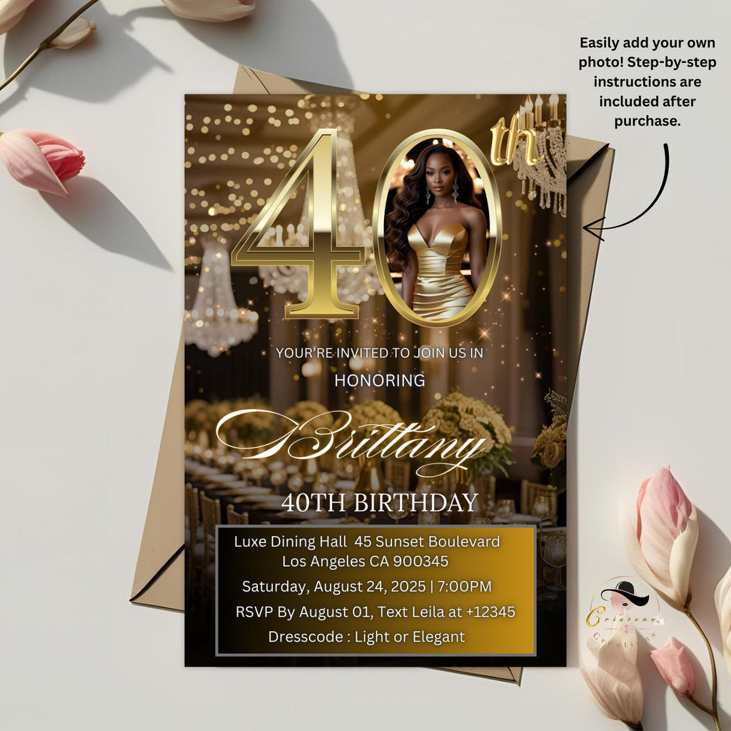 Digital 40th Birthday Invitation Black Gold 40th Birthday Dinner Invite with photo Woman Elegant Forty Birthday Brunch Floral Party Template