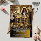 Digital 40th Birthday Invitation Black Gold 40th Birthday Dinner Invite with photo Woman Elegant Forty Birthday Brunch Floral Party Template