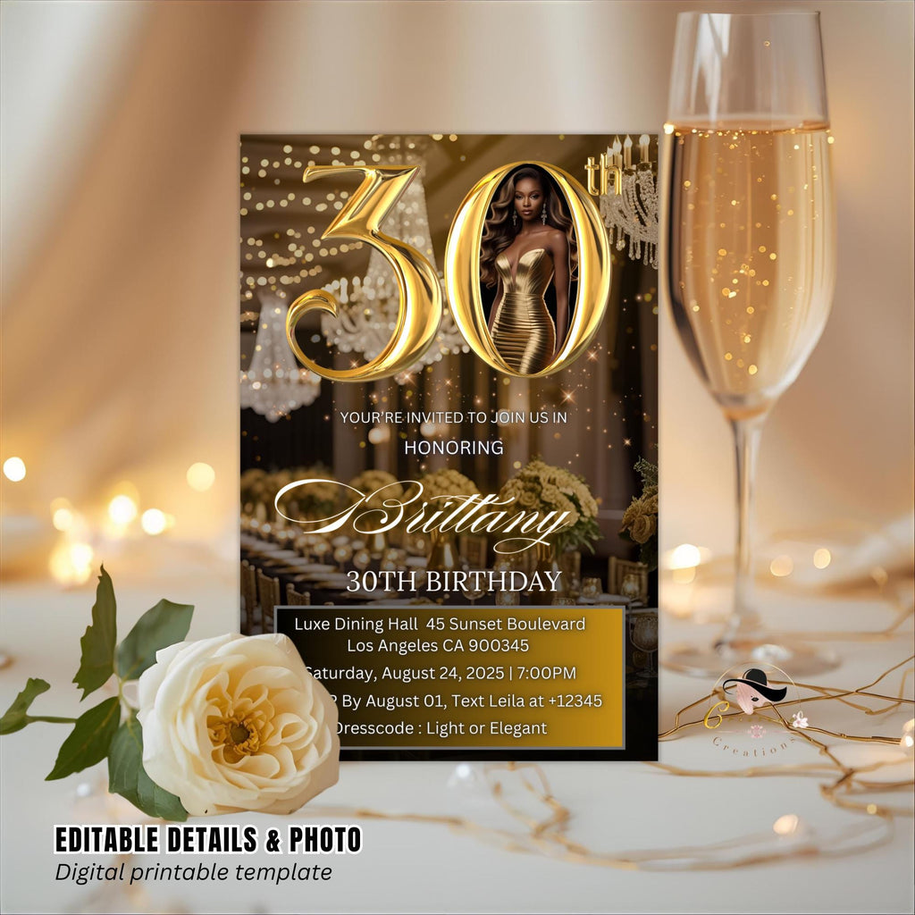 Elegant Black and Gold 30th Birthday Dinner Invitation (Digital)