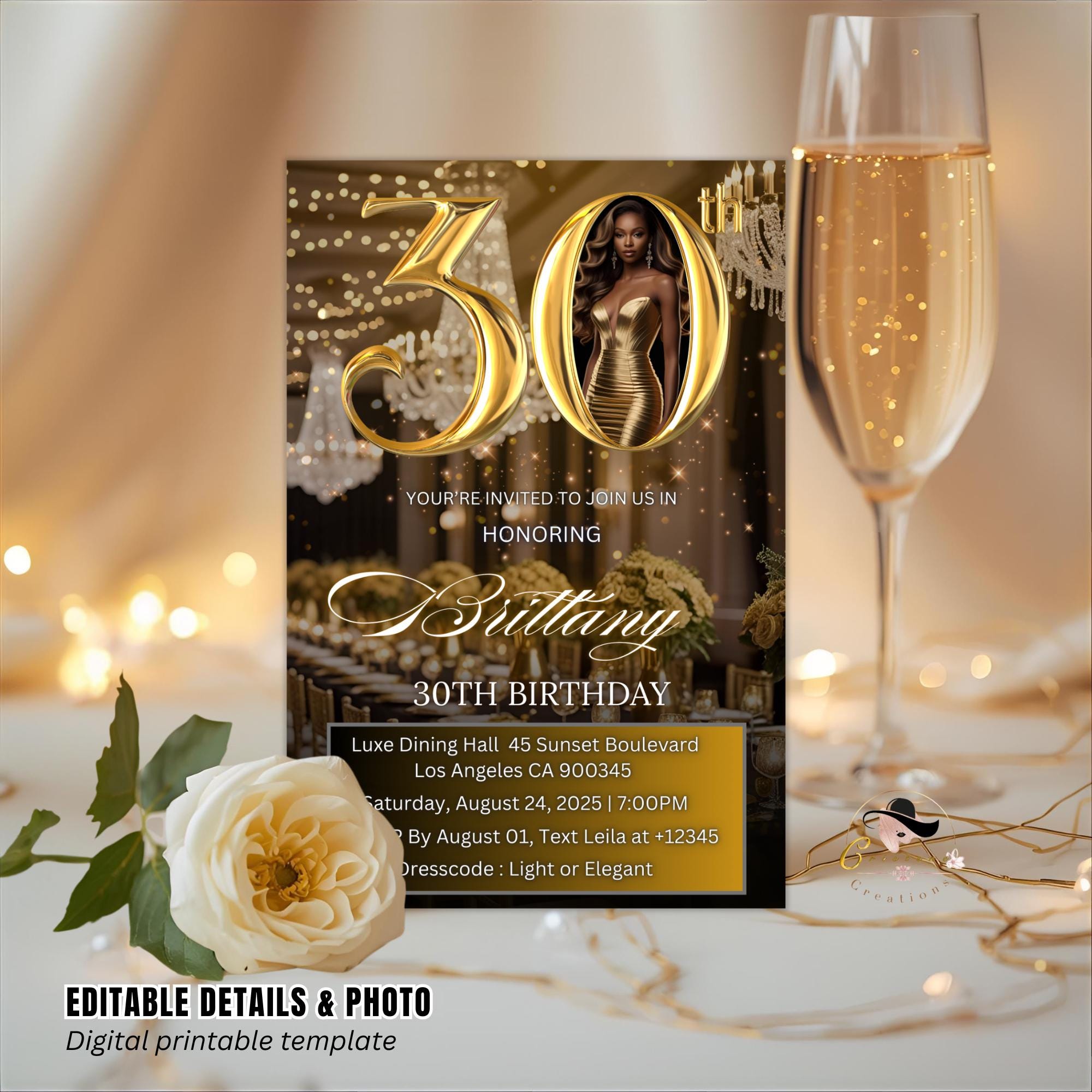 Elegant Black and Gold 30th Birthday Dinner Invitation (Digital)