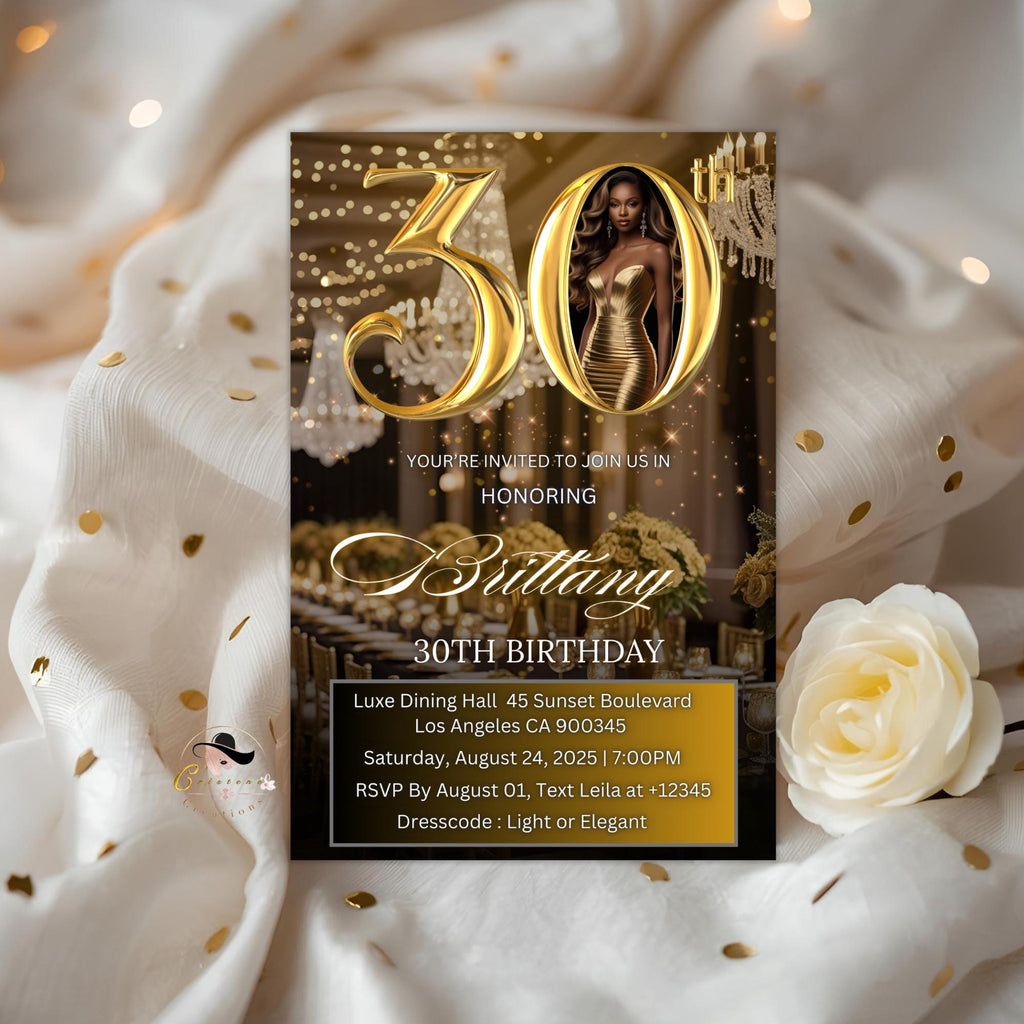 Elegant Black and Gold 30th Birthday Dinner Invitation (Digital)