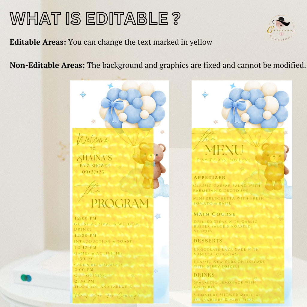 Editable Baby Shower Menu and Program Template, Teddy Bear Party Shower Menu, Printable Baby Shower Itinerary Card, We Can Bearly Wait Decor