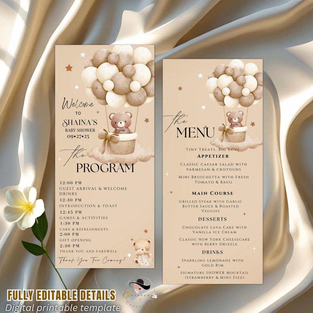 Editable Baby Shower Menu and Program Template Gender Neutral Bear Party Menu, Printable Itinerary Card, Brown Baby Shower Order of events