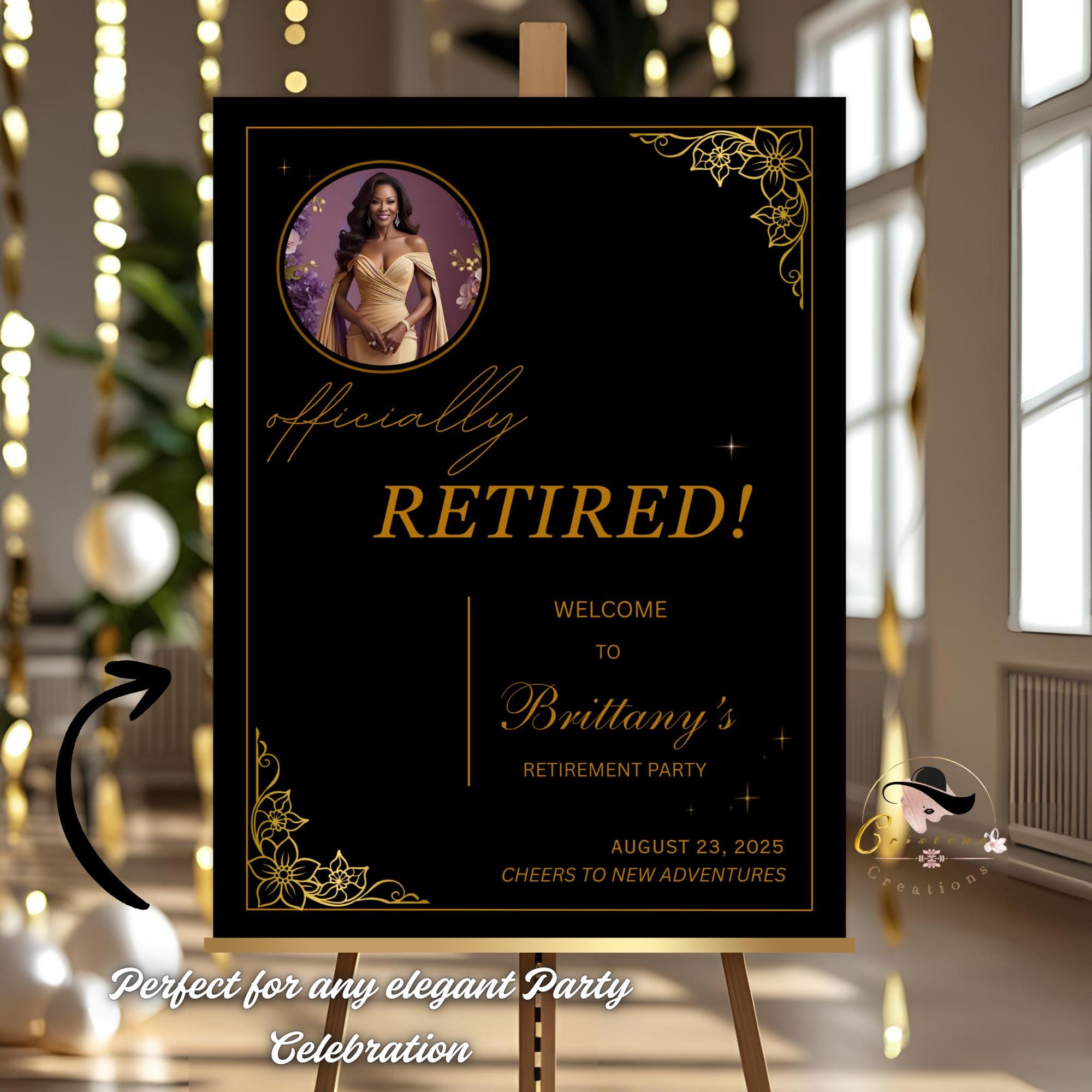 Editable Retirement Party Welcome Sign Black Gold Retirement Poster sign with photo, Farewell Sign, Printable Birthday Dinner Sign Template