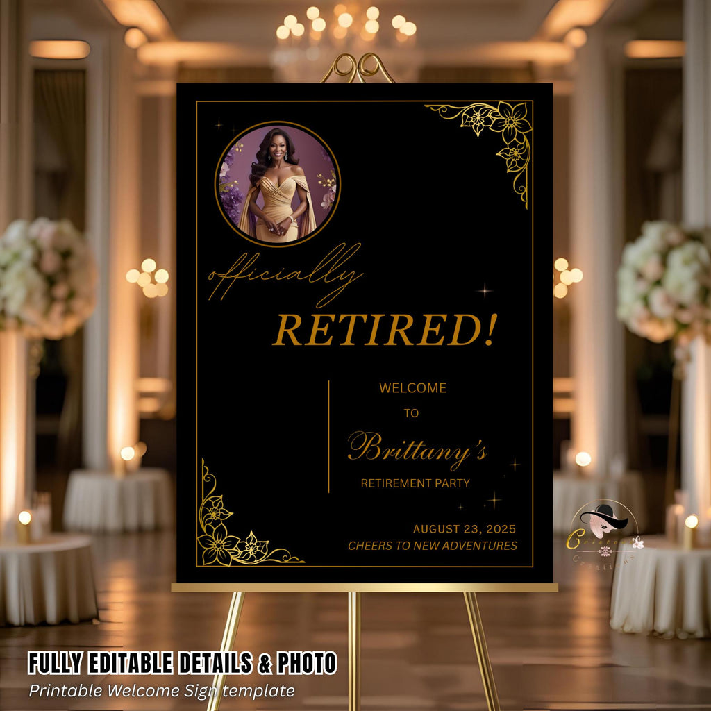 Editable Retirement Party Welcome Sign Black Gold Retirement Poster sign with photo, Farewell Sign, Printable Birthday Dinner Sign Template