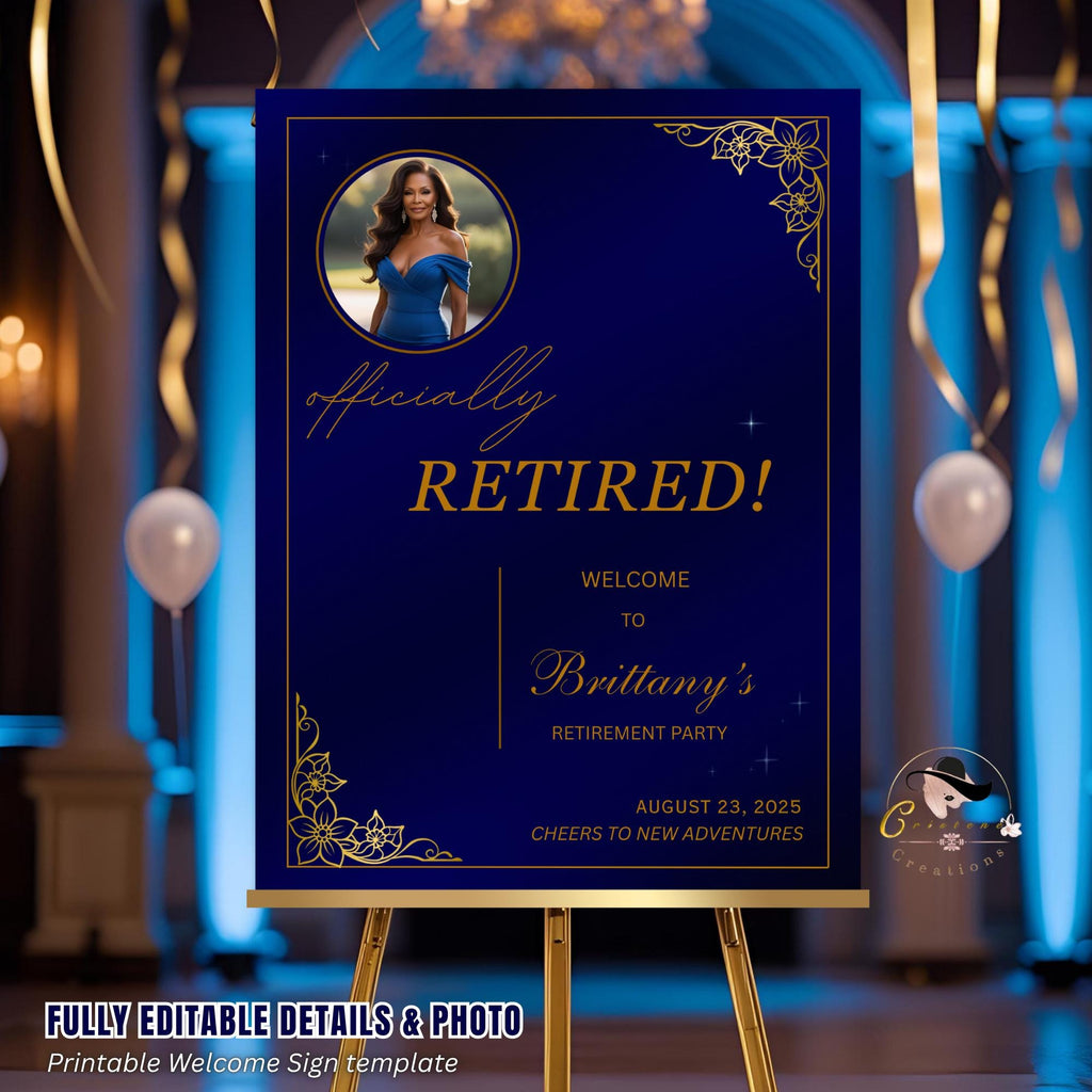 Blue Gold Retirement Party Welcome Sign, Photo Template (Printable)