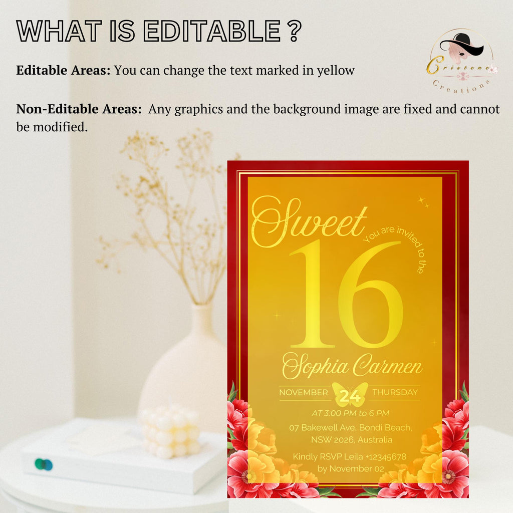 Red and Gold Sweet Sixteen Invitation, Floral Party Invite (Digital)