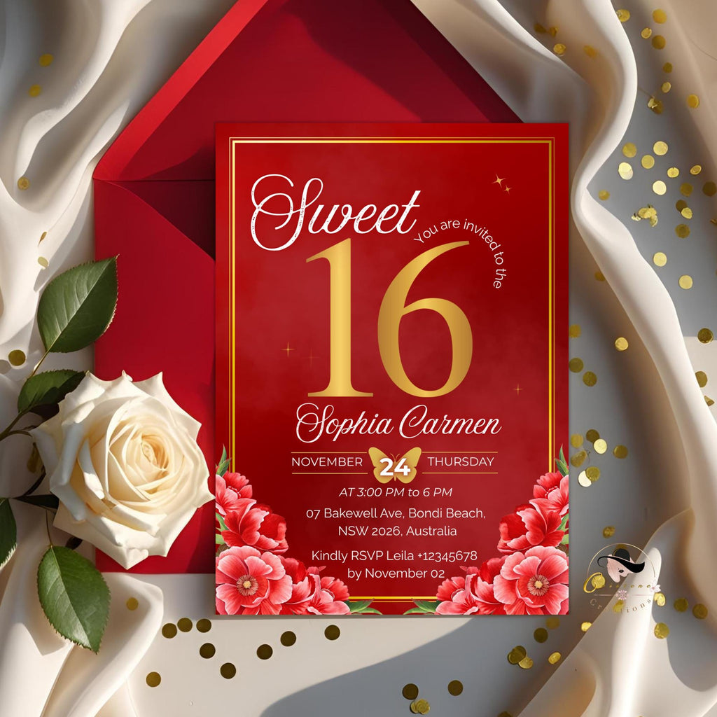 Red and Gold Sweet Sixteen Invitation, Floral Party Invite (Digital)